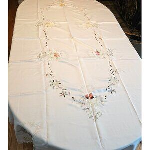 Vintage Embroidered Tablecloth White Satin Christmas Candles Cutouts 67 x 100 in